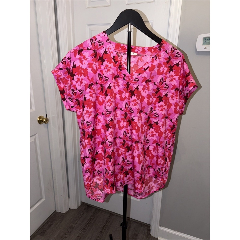 Jodifl Pink Red small V-Neck Blouse Boho Dolman Sleeve Bloomcore Coastal EUC